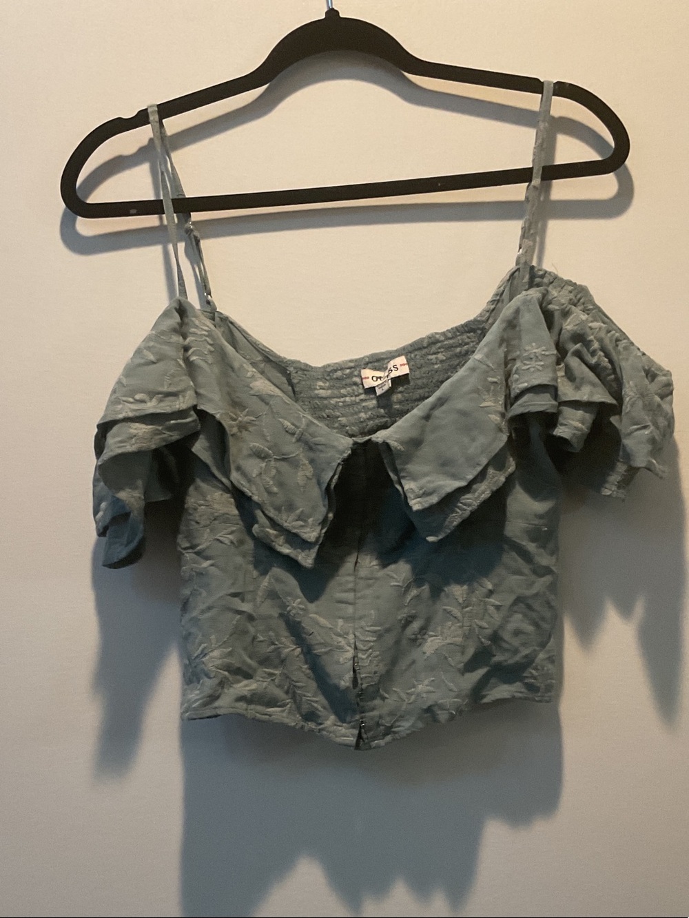 Guess Sage Green Ruffle Off-Shoulder Crop Top - Picture 5 of 7